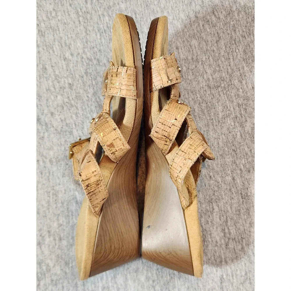 Vionic Wedge Sandals Womens 5 Tan Cork Metallic Gold Studded Strappy Slide